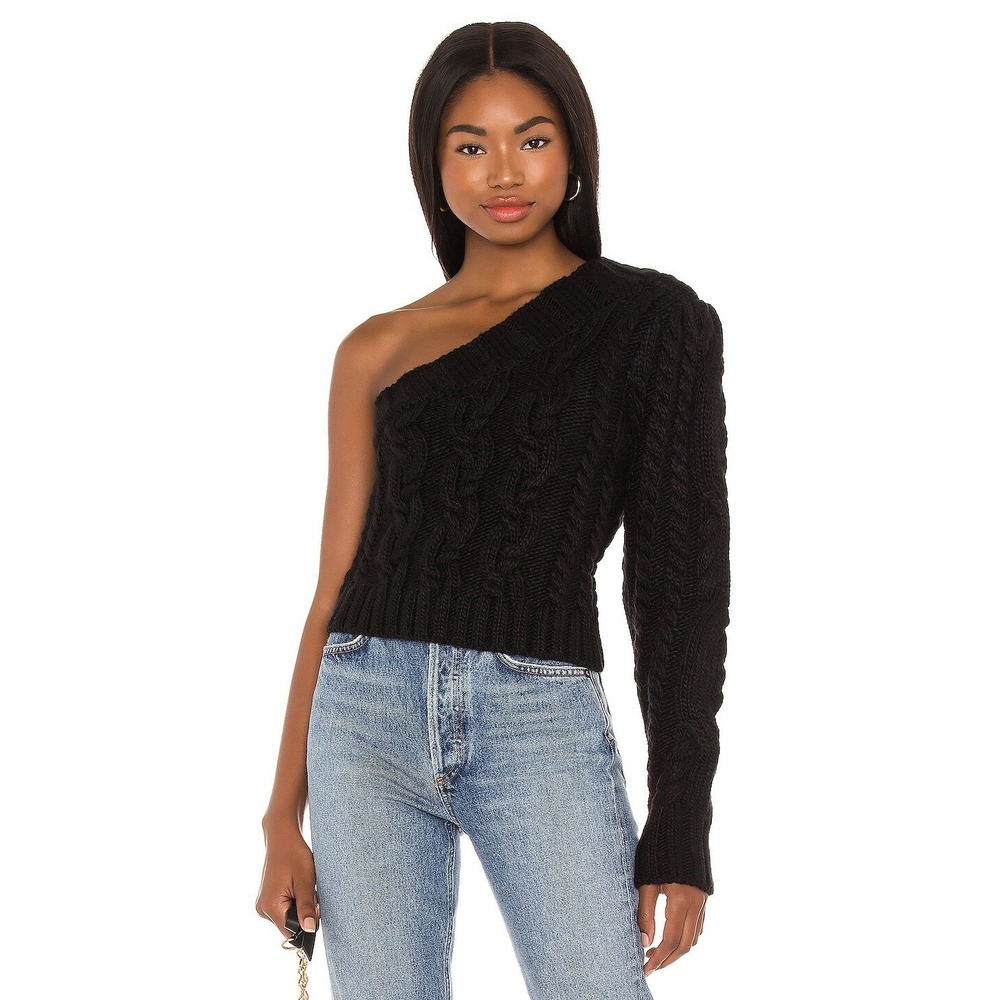 For Love & Lemons Cable Knit One-Shoulder Cropped Babydoll Sweater S A011370